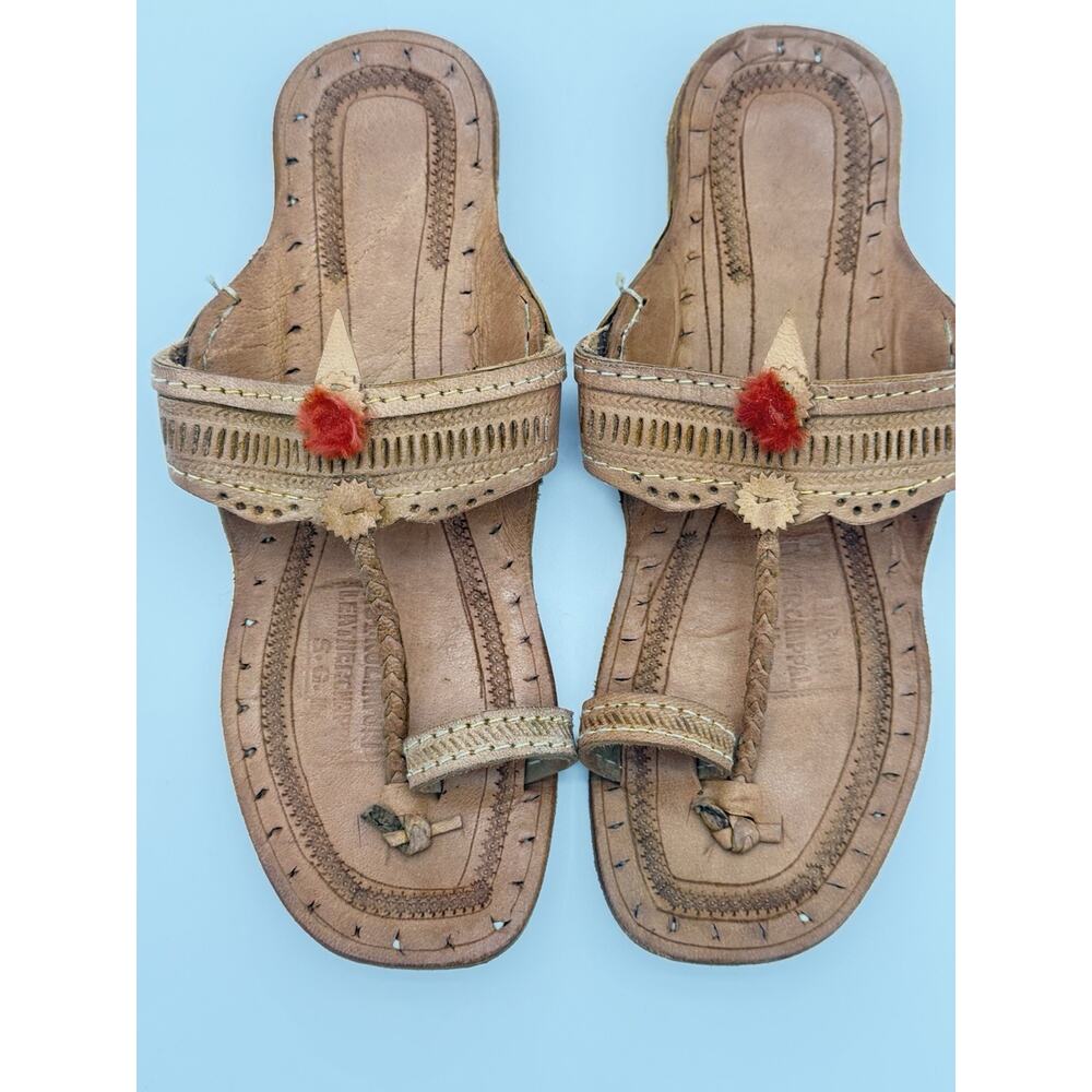 Handmade Leather Kolhapuri Sandals Women Ethnic Indian Flat Boho Slipper Sz 9 - Picture 2 of 14